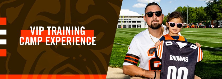 2026 Browns VIP Training Camp Experience with image of father and daughter holding a Browns jersey