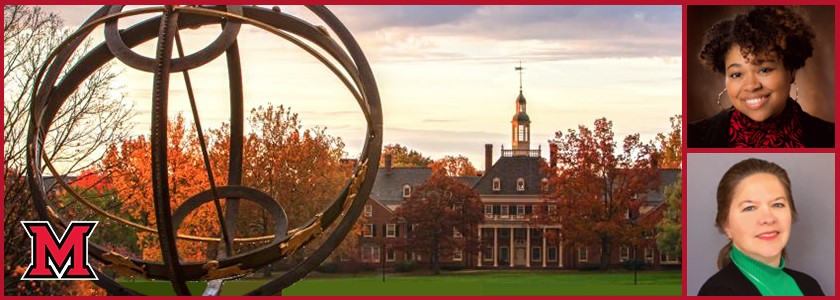 A picture of Miami University Campus and two headshot of webinar speakers