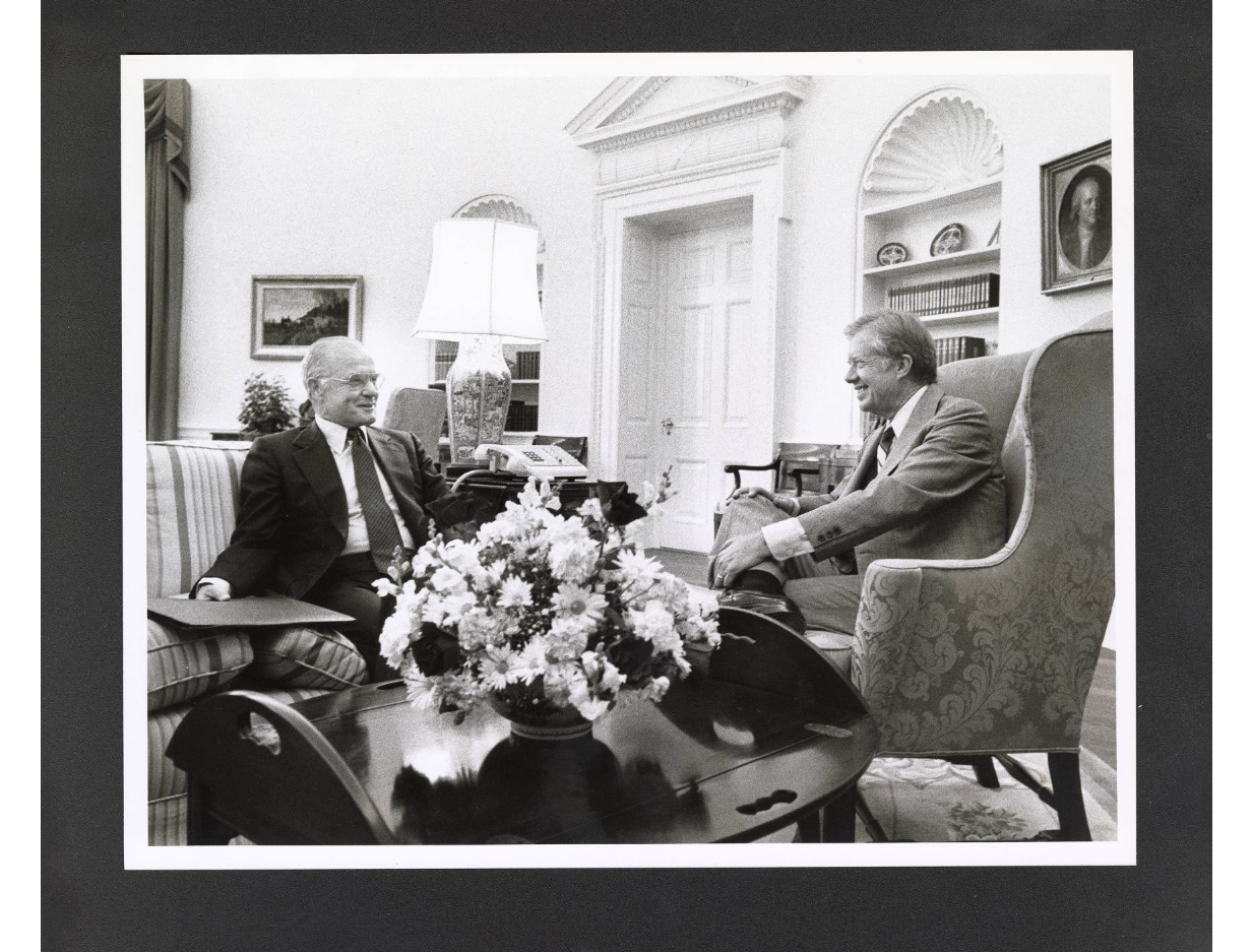 Courtesy of John And Annie Glenn Collection: U. S. Senator John Glenn (left) speaks with President Jimmy Carter (right) in the Oval Office.